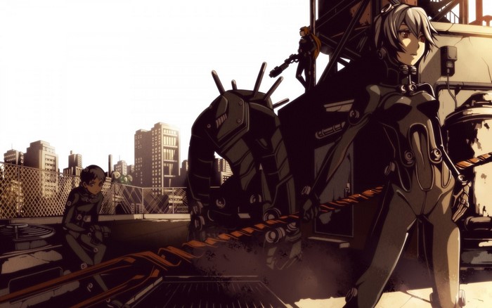 Anime characters in futuristic suits with robots and cityscape