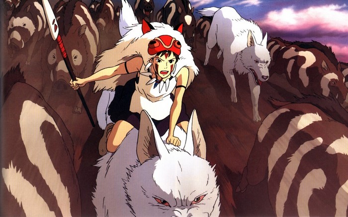San riding a wolf with boars and wolves