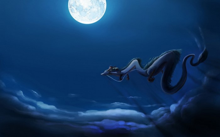 Haku the dragon from Spirited Away flying under the moon