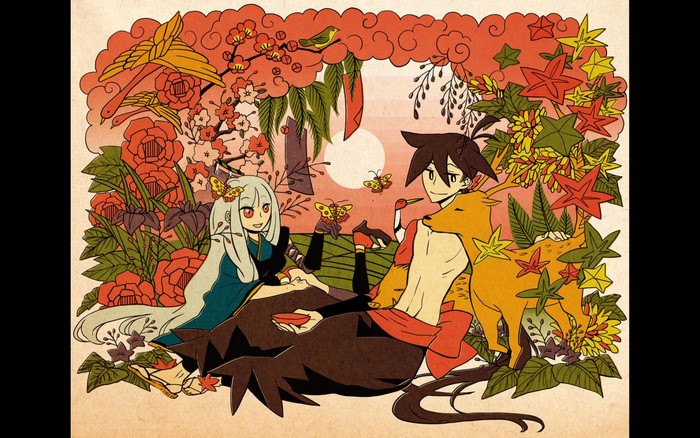 Illustration of characters from Katanagatari with a deer