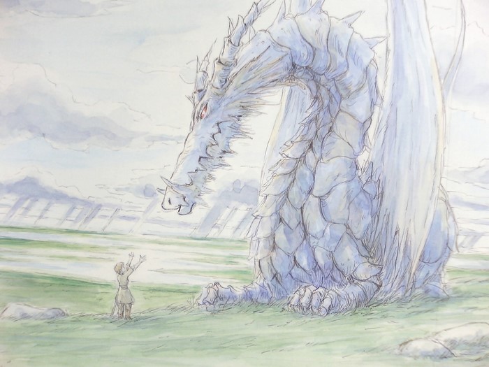 Teru from Tales of Earthsea facing a large white dragon