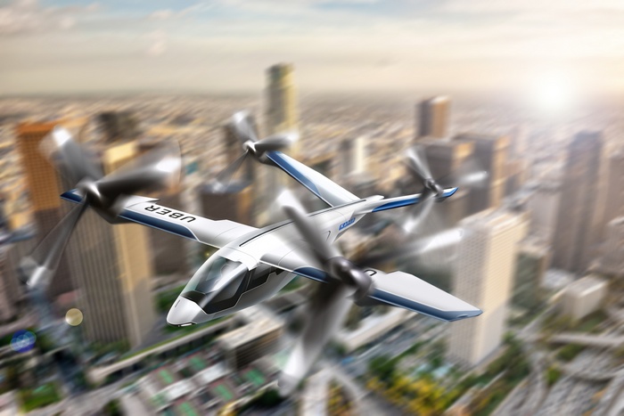 Uber flying taxi over city 4K