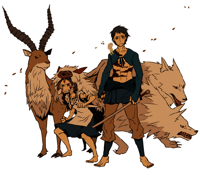 San and Ashitaka with forest spirits and wolves from Princess Mononoke