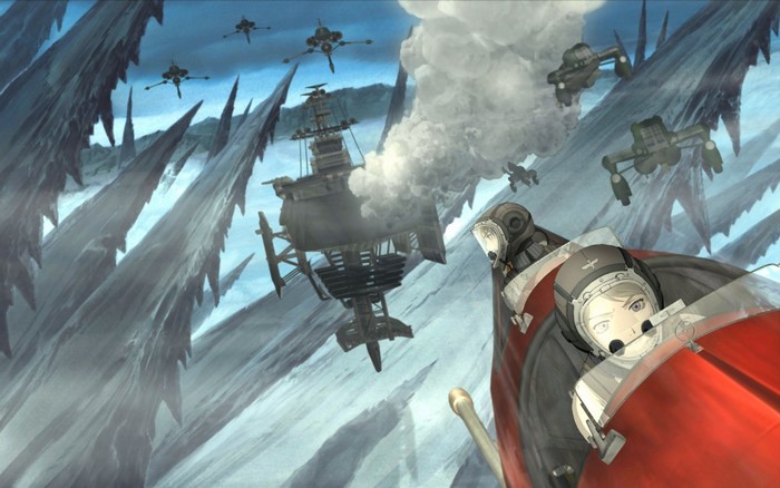Characters in aircrafts near a large airship in Last Exile