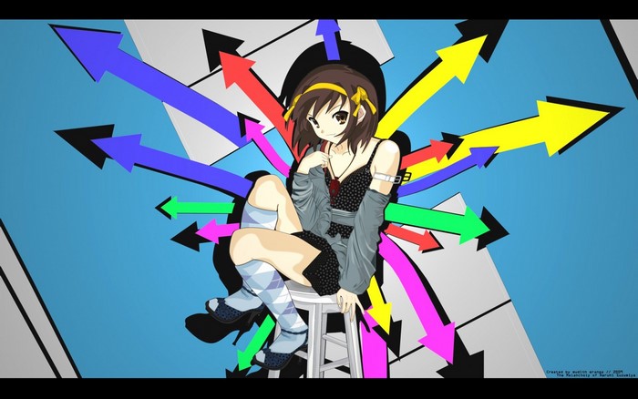 Haruhi Suzumiya from The Melancholy of Haruhi Suzumiya sitting on a stool