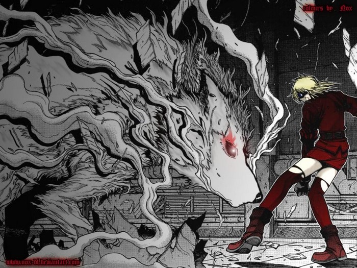 Seras Victoria from Hellsing facing a monstrous wolf