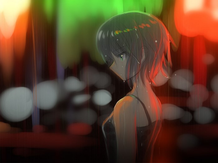 Anime girl in the rain with colorful lights