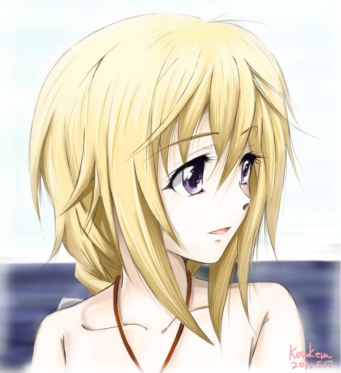 Girl with blonde hair and purple eyes