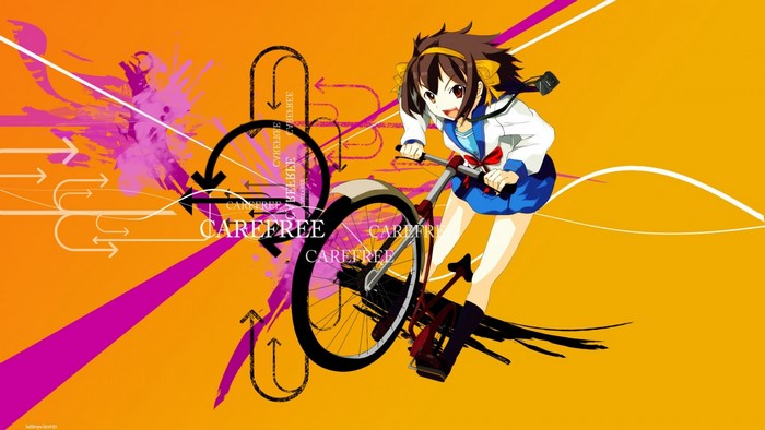 Haruhi Suzumiya riding a bicycle