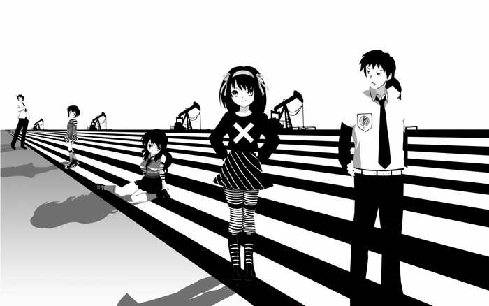 Anime characters in a monochrome oil field