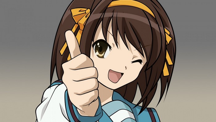 Haruhi Suzumiya giving a thumbs up
