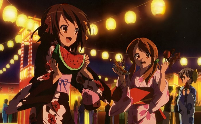 Haruhi Suzumiya characters at a festival