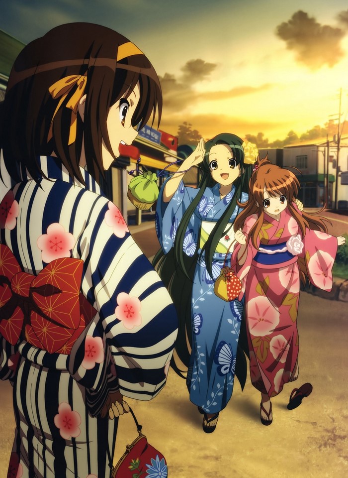 The Melancholy of Haruhi Suzumiya characters in yukatas