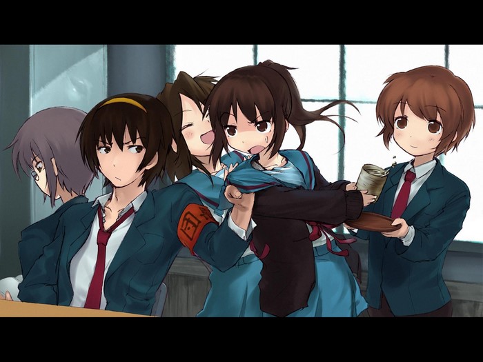 The Melancholy of Haruhi Suzumiya characters in school uniforms