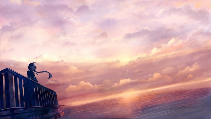 Anime girl with braided hair on a balcony overlooking the sea at sunset