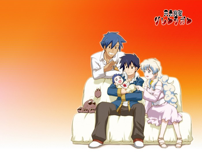 Simon and Kamina from Tengen Toppa Gurren Lagann with a baby