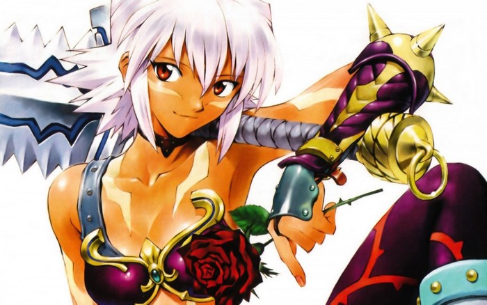Anime girl with white hair and a rose