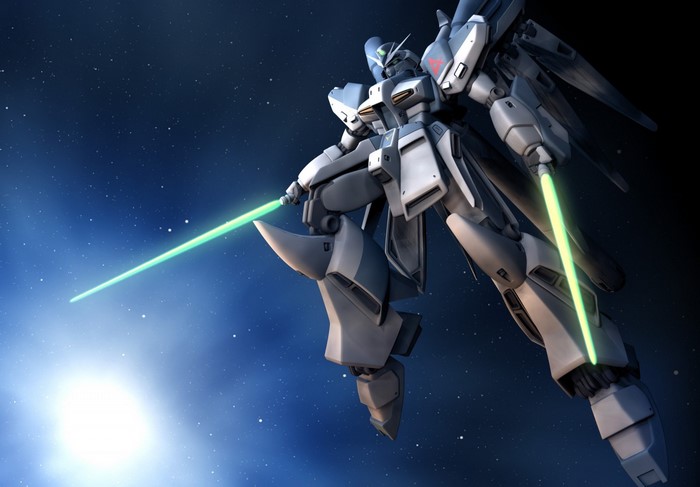 Mobile Suit Gundam mecha with beam sabers in space