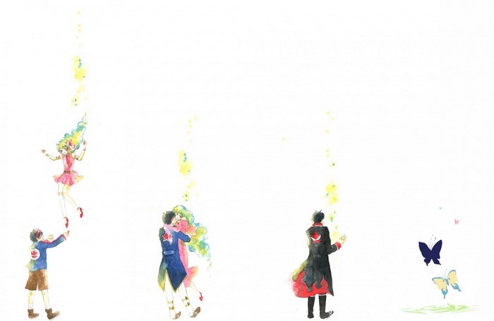 Characters from Tengen Toppa Gurren Lagann with glowing particles and butterflies