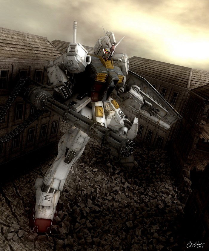 RX-78-2 Gundam in a destroyed city