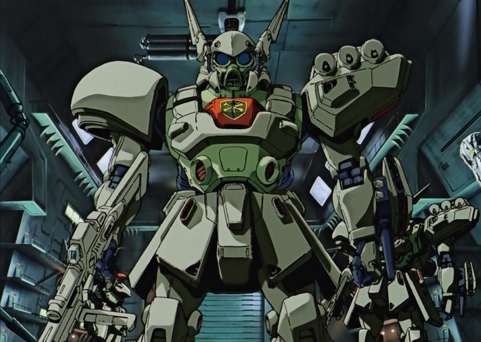 Mobile Suit Gundam mecha in hangar