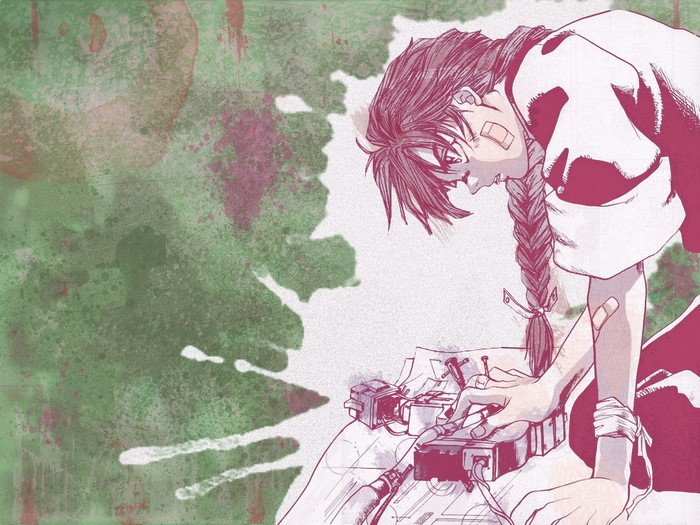 Duo Maxwell from Mobile Suit Gundam Wing working on electronics