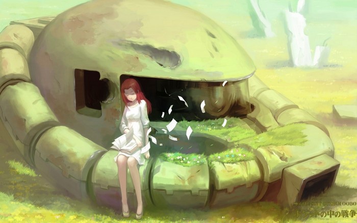 Girl reading a book near a giant robot