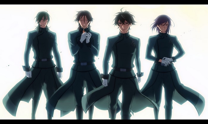 Four men in dark uniforms from Mobile Suit Gundam 00