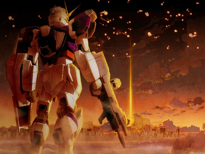 Mobile Suit Gundam 00 robot in a city at sunset