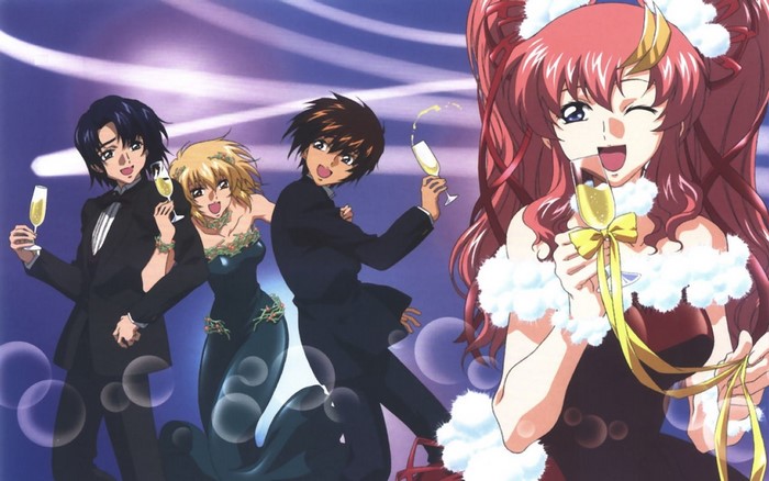 Characters from Mobile Suit Gundam SEED celebrating
