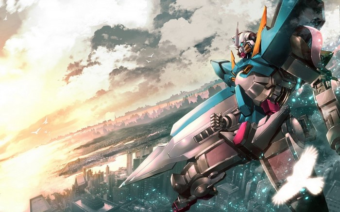 Gundam from Mobile Suit Gundam 00 flying over a city