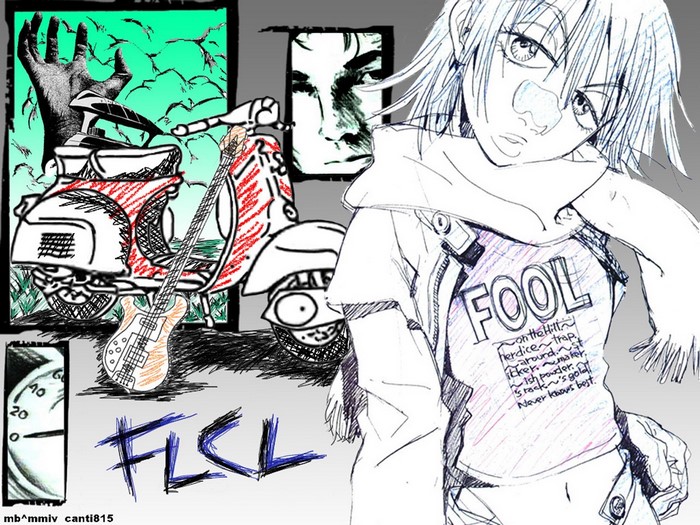 Haruko Haruhara and Mamimi Samejima from FLCL with a scooter and guitar