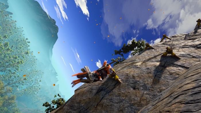 Biomutant 4K screenshot of characters climbing a cliff
