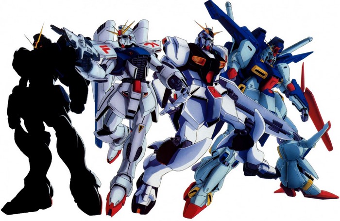 Mobile Suit Gundam ZZ, F91, and Nu Gundam mecha illustration