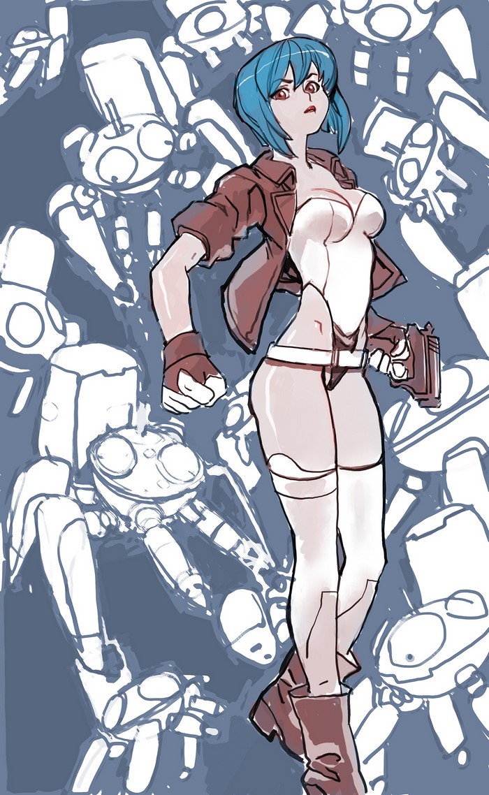 Anime girl with blue hair and gun surrounded by robots