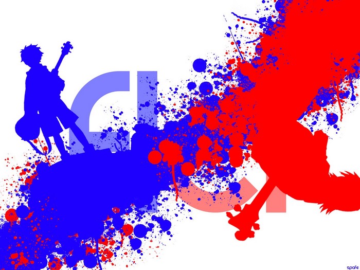 Illustration of characters from FLCL with paint splatters