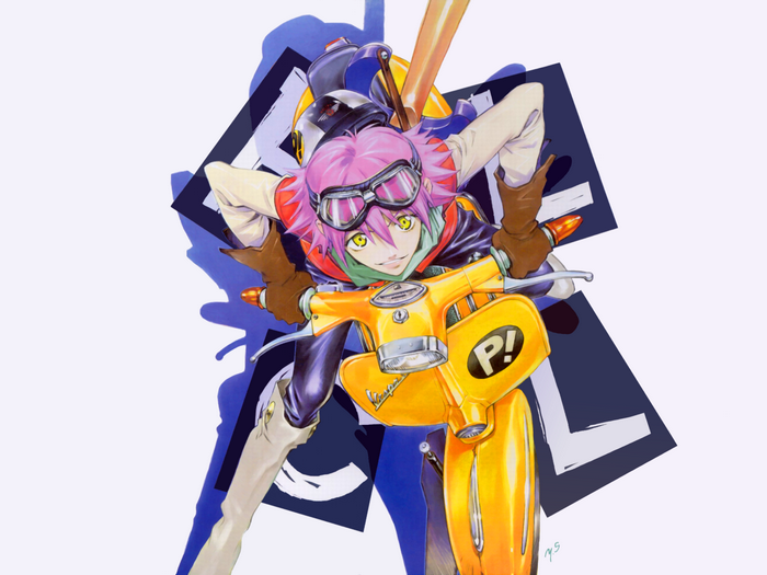 Haruko Haruhara from FLCL on a yellow Vespa scooter
