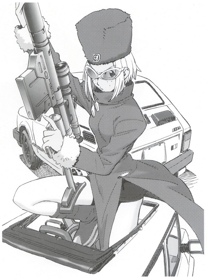 Girl with rifle in Fiat car