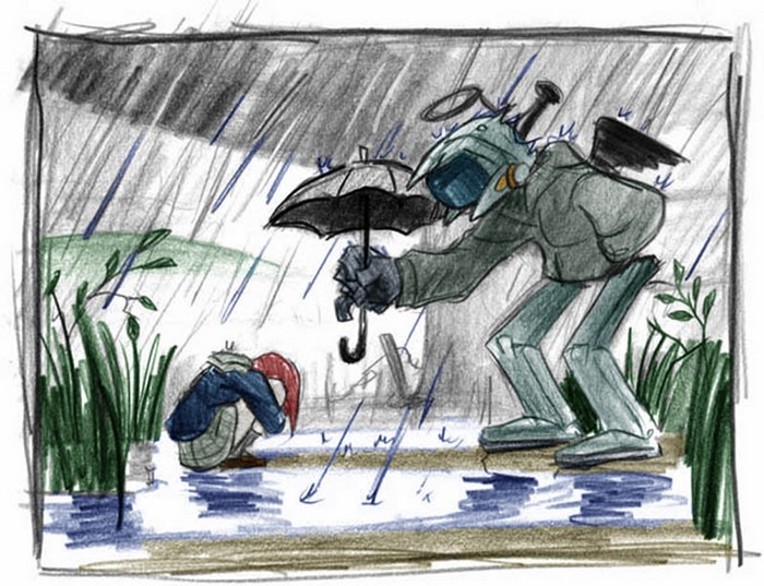 Haruko Haruhara and Naota Nandaba from FLCL in the rain