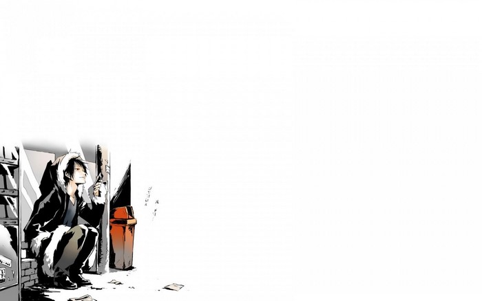 Anime character from Durarara crouching by a trash can