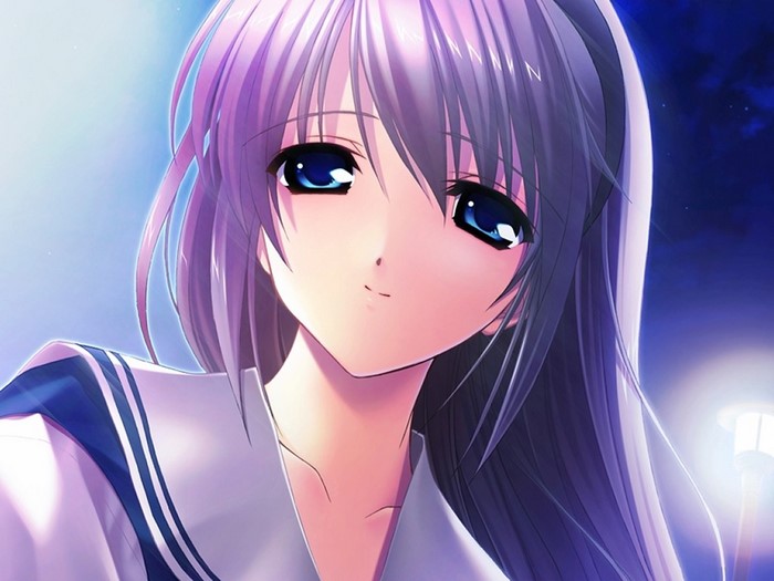Anime girl with purple hair in school uniform