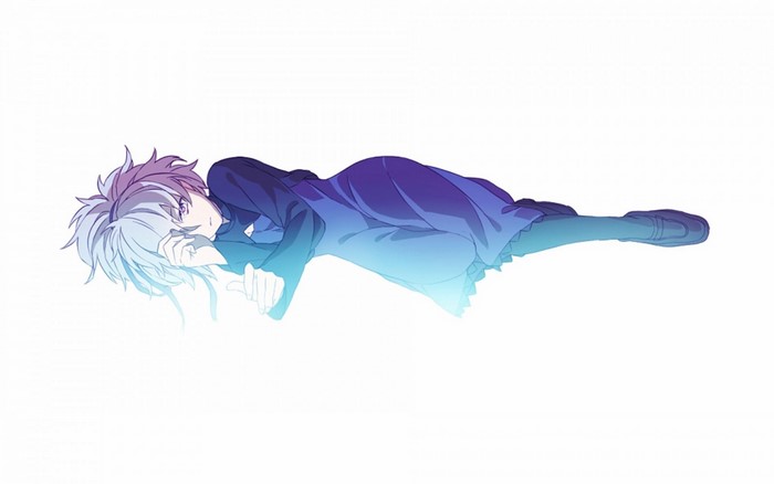 Anime character lying down with blue and purple glow