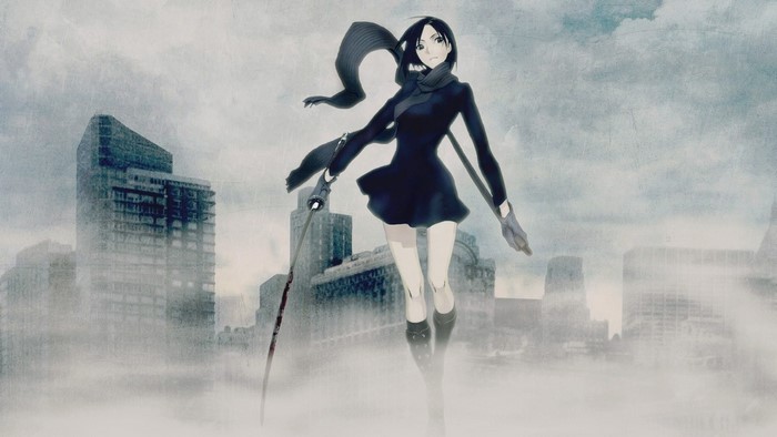 Anime girl with sword in foggy city