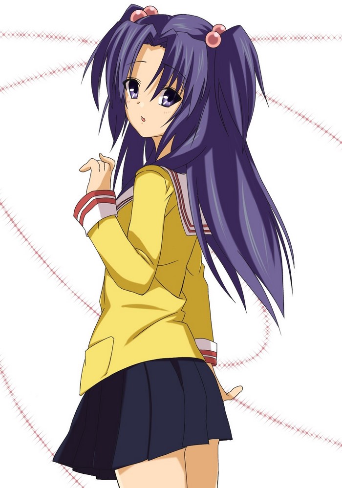 Anime girl with purple hair in school uniform