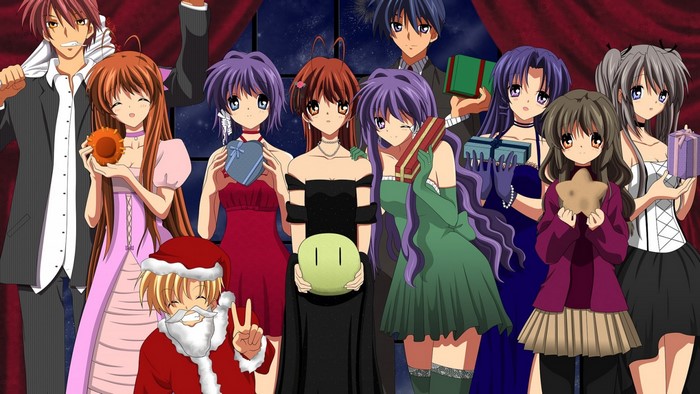 Clannad characters in formal attire with gifts