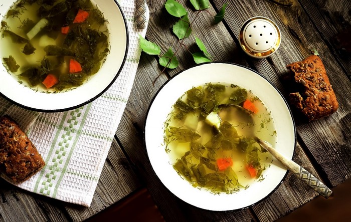 Two bowls of green soup with carrots and dill