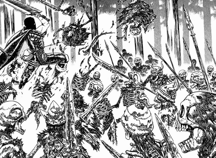 Guts fighting skeletons in Berserk