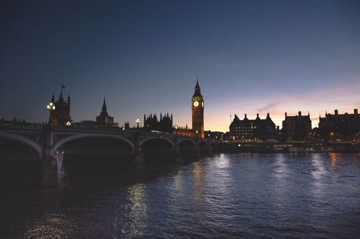 Big Ben and Westminster Bridge at dusk over the River Thames, London