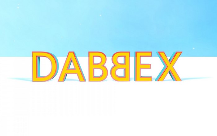 3D render of the word DABEX in yellow and red letters