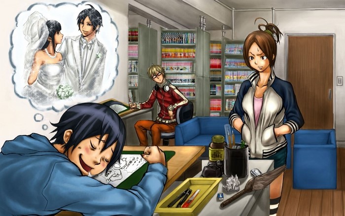 Anime characters in a room with bookshelves